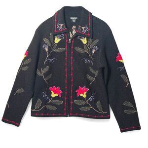 VTG 90s Tally-ho 100% Wool Floral Embroidered Zip Cardigan Jacket S Fall Artsy